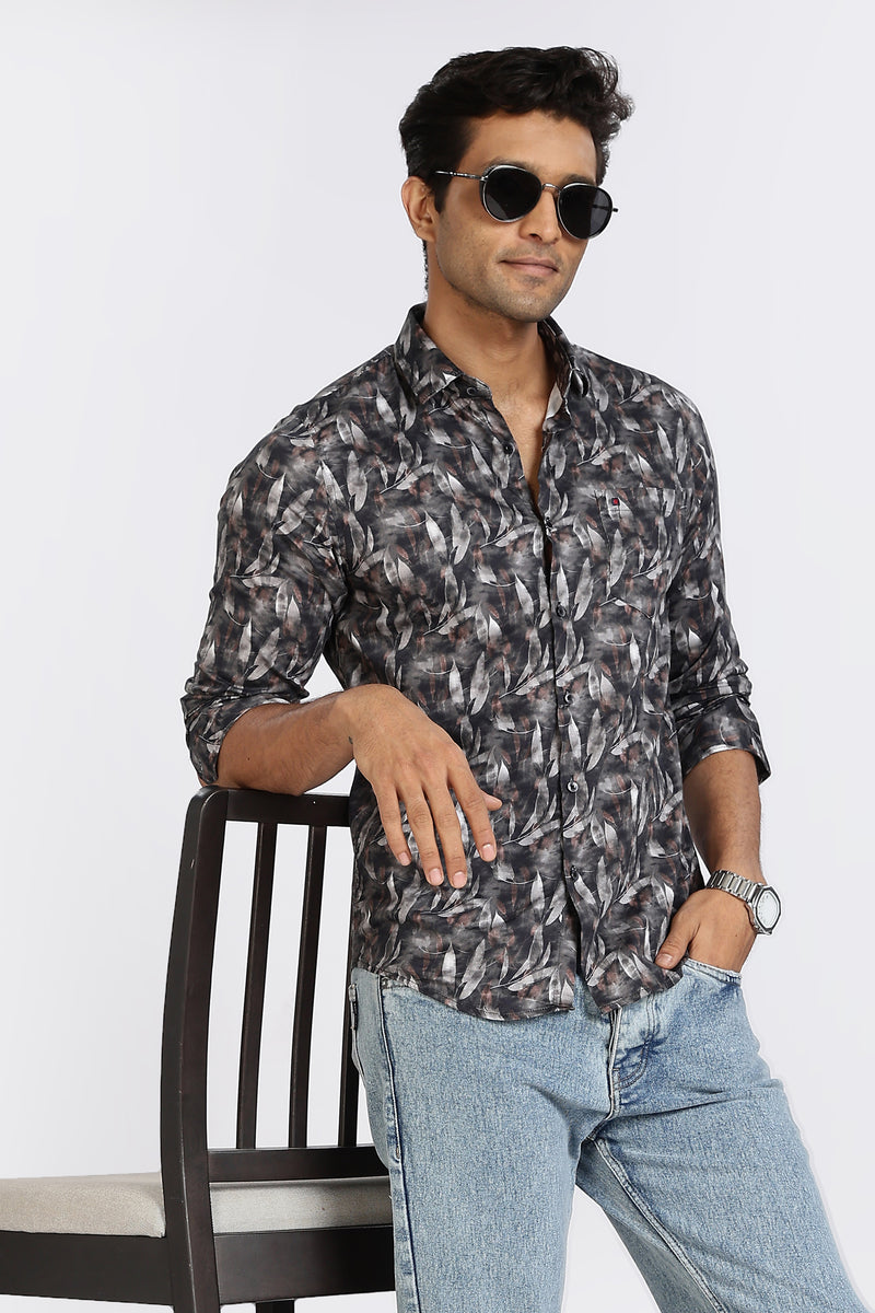 Men Blue Leaf Print Full Sleeve Slim Fit Casual Shirts