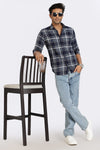 Men Navy Textured Check Full Sleeve Slim Fit Casual Shirts