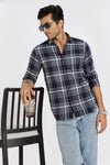 Men Navy Textured Check Full Sleeve Slim Fit Casual Shirts
