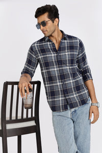 Men Navy Textured Check Full Sleeve Slim Fit Casual Shirts