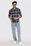 Men Navy Textured Check Full Sleeve Slim Fit Casual Shirts
