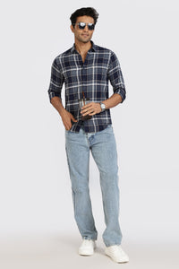 Men Navy Textured Check Full Sleeve Slim Fit Casual Shirts