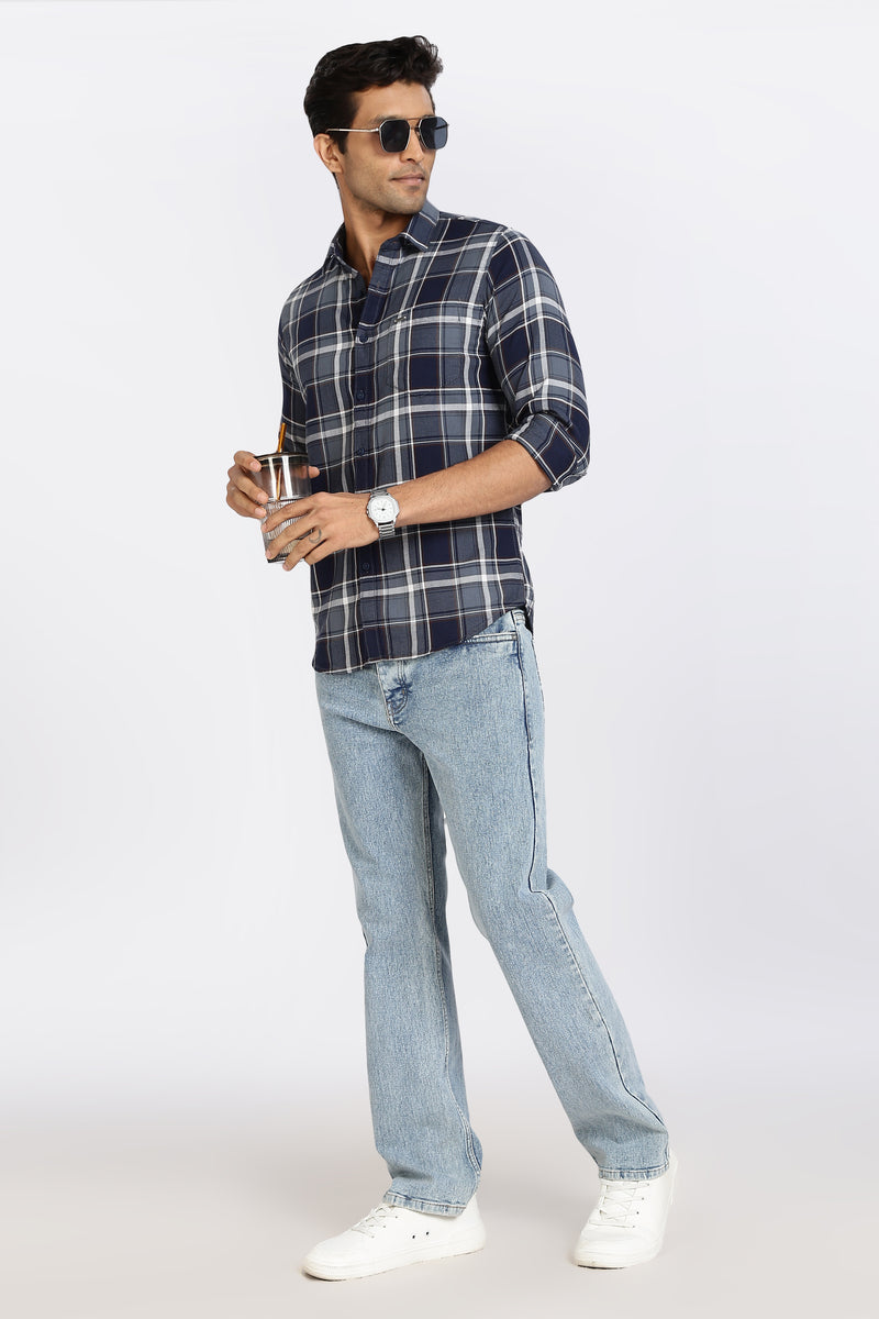 Men Navy Textured Check Full Sleeve Slim Fit Casual Shirts