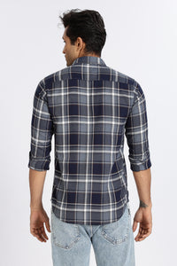 Men Navy Textured Check Full Sleeve Slim Fit Casual Shirts