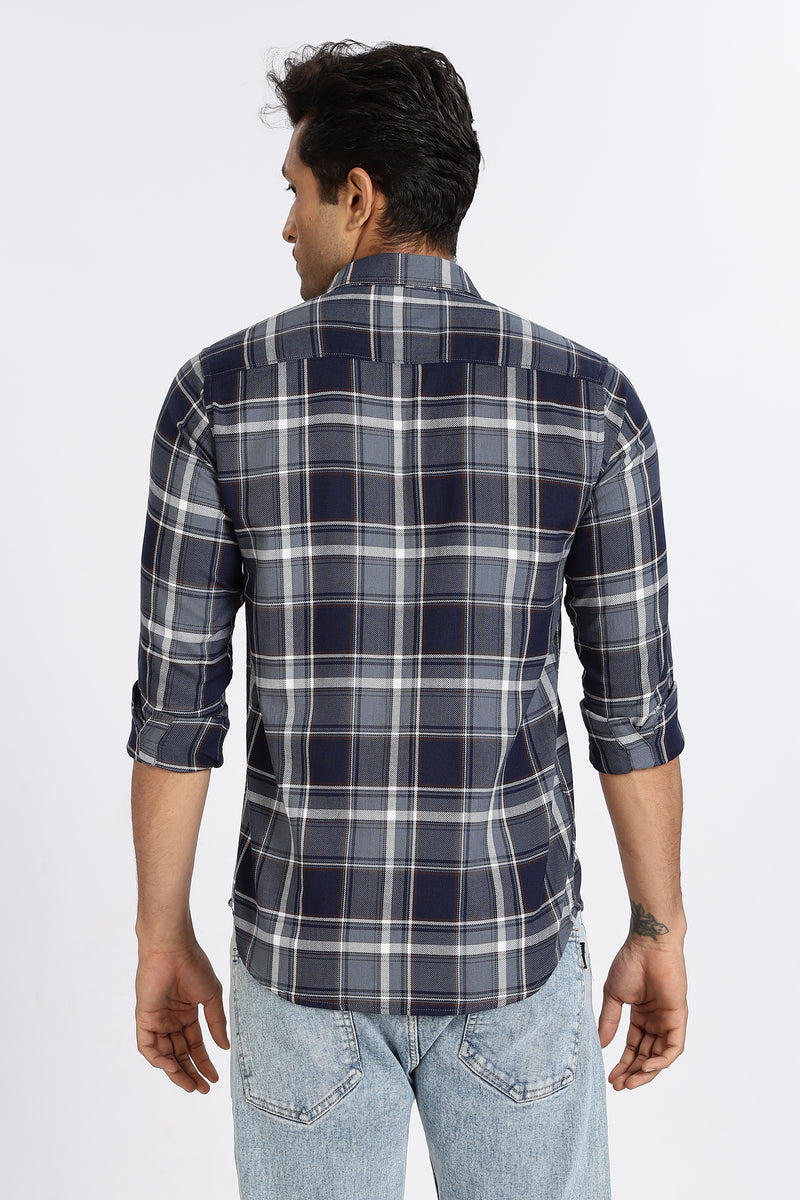 Men Navy Textured Check Full Sleeve Slim Fit Casual Shirts
