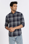 Men Navy Textured Check Full Sleeve Slim Fit Casual Shirts