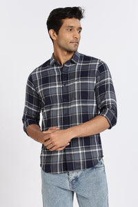 Men Navy Textured Check Full Sleeve Slim Fit Casual Shirts
