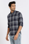 Men Navy Textured Check Full Sleeve Slim Fit Casual Shirts