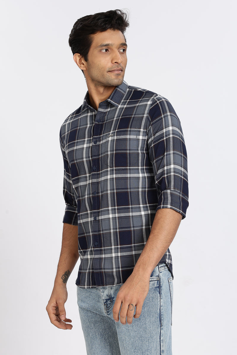 Men Navy Textured Check Full Sleeve Slim Fit Casual Shirts