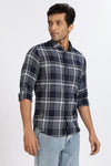 Men Navy Textured Check Full Sleeve Slim Fit Casual Shirts