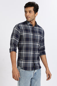 Men Navy Textured Check Full Sleeve Slim Fit Casual Shirts
