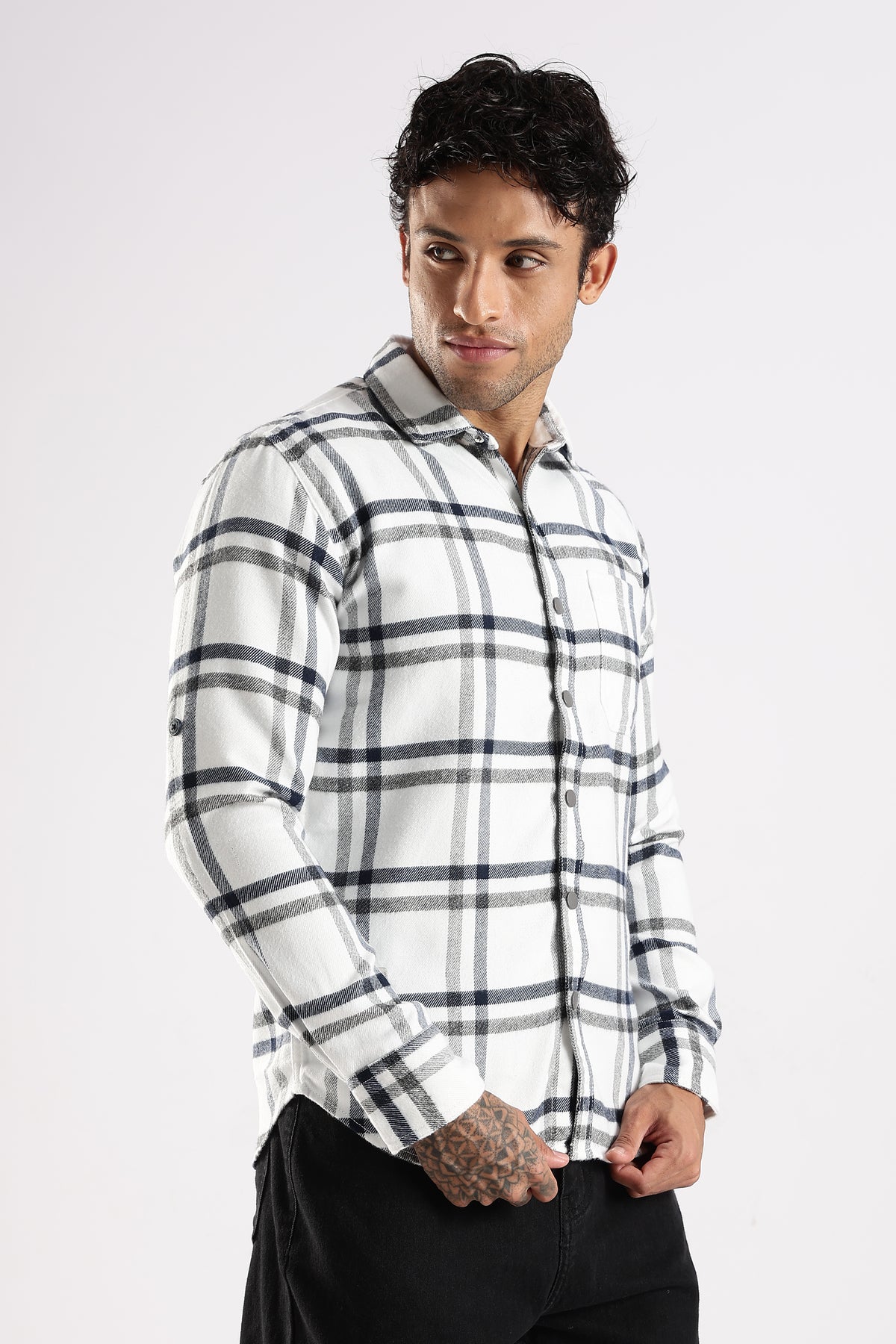 Men White Cotton Slim Fit Full Sleeve Checkered Shirt