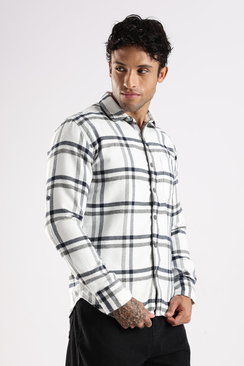 Men White Cotton Slim Fit Full Sleeve Checkered Shirt