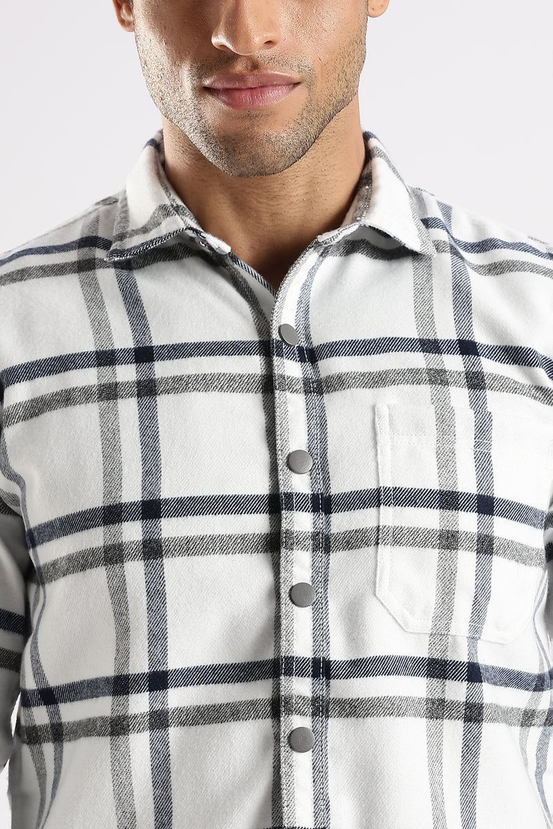 Men White Cotton Slim Fit Full Sleeve Checkered Shirt