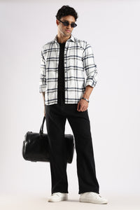 Men White Cotton Slim Fit Full Sleeve Checkered Shirt
