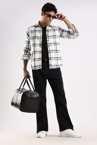 Men White Cotton Slim Fit Full Sleeve Checkered Shirt