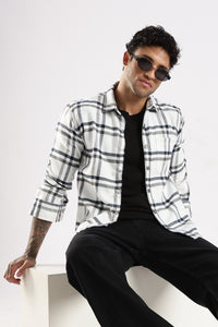 Men White Cotton Slim Fit Full Sleeve Checkered Shirt