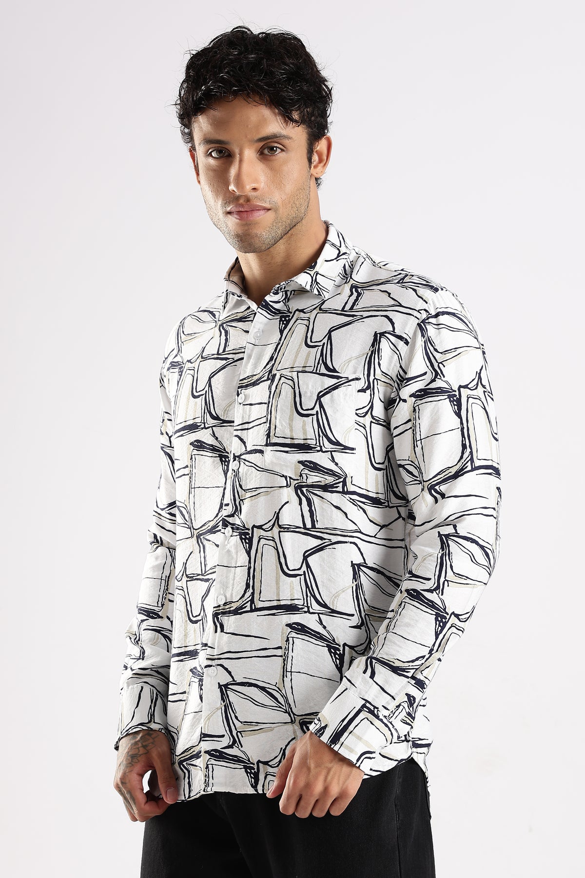 White Printed Slim Fit Cotton Full Sleeve Casual Shirt