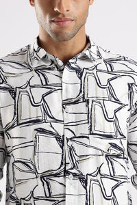 White Printed Slim Fit Cotton Full Sleeve Casual Shirt
