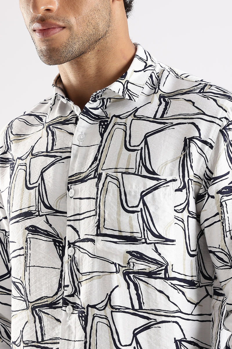 White Printed Slim Fit Cotton Full Sleeve Casual Shirt