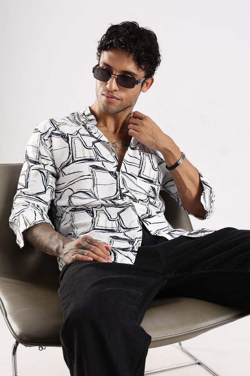 White Printed Slim Fit Cotton Full Sleeve Casual Shirt