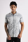 Grey Floral Printed Slim Fit Cotton Half Sleeve Casual Shirt
