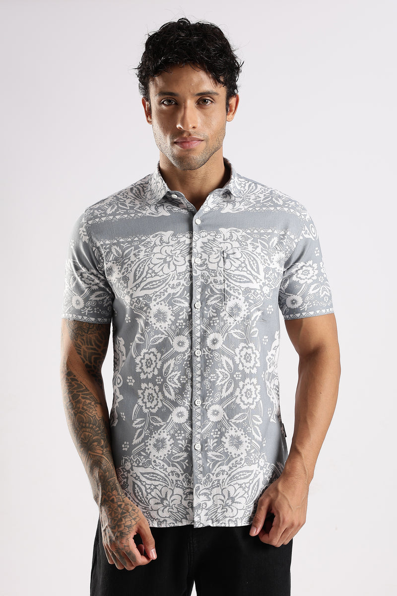 Grey Floral Printed Slim Fit Cotton Half Sleeve Casual Shirt