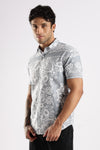Grey Floral Printed Slim Fit Cotton Half Sleeve Casual Shirt