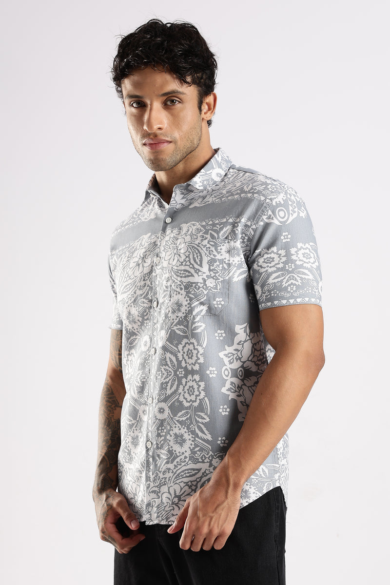 Grey Floral Printed Slim Fit Cotton Half Sleeve Casual Shirt