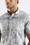 Grey Floral Printed Slim Fit Cotton Half Sleeve Casual Shirt