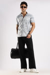 Grey Floral Printed Slim Fit Cotton Half Sleeve Casual Shirt