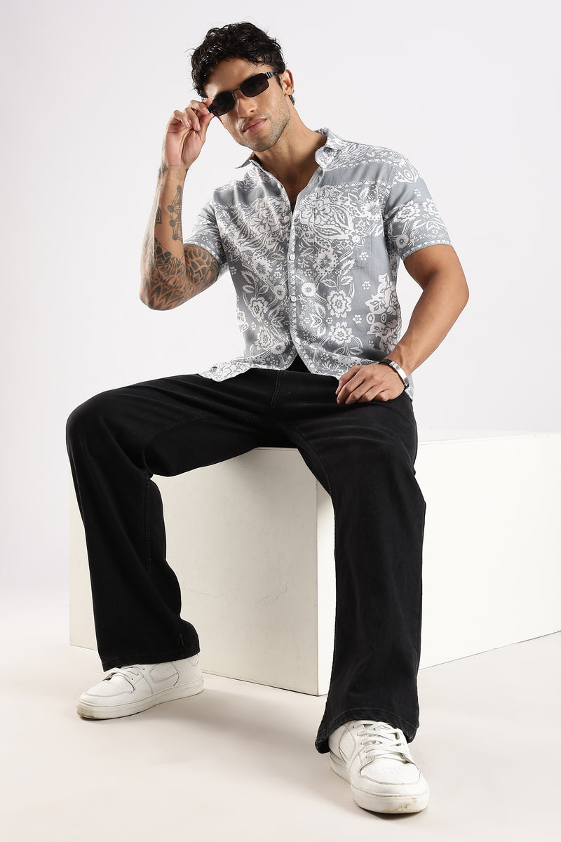 Grey Floral Printed Slim Fit Cotton Half Sleeve Casual Shirt