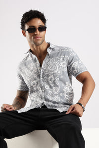 Grey Floral Printed Slim Fit Cotton Half Sleeve Casual Shirt