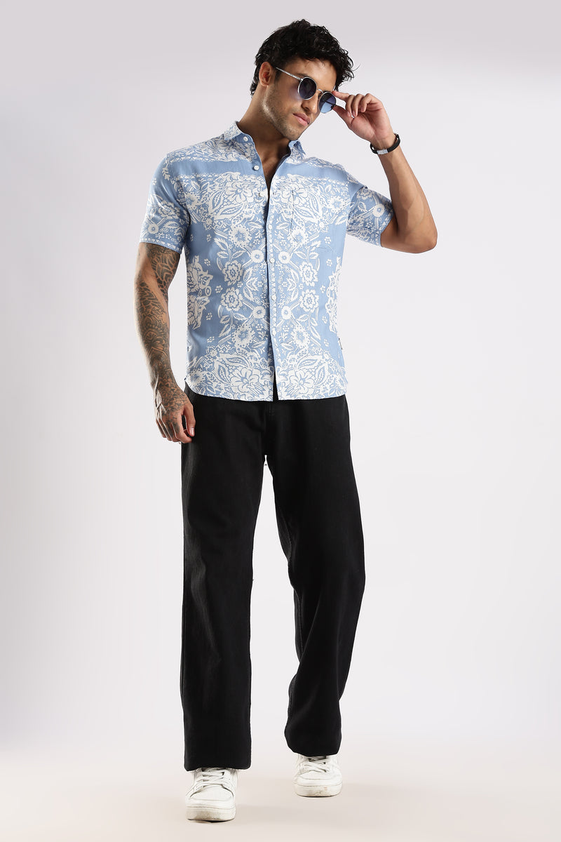 Blue Floral Printed Slim Fit Cotton Half Sleeve Casual Shirt