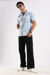 Blue Floral Printed Slim Fit Cotton Half Sleeve Casual Shirt