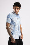 Blue Floral Printed Slim Fit Cotton Half Sleeve Casual Shirt