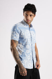 Blue Floral Printed Slim Fit Cotton Half Sleeve Casual Shirt