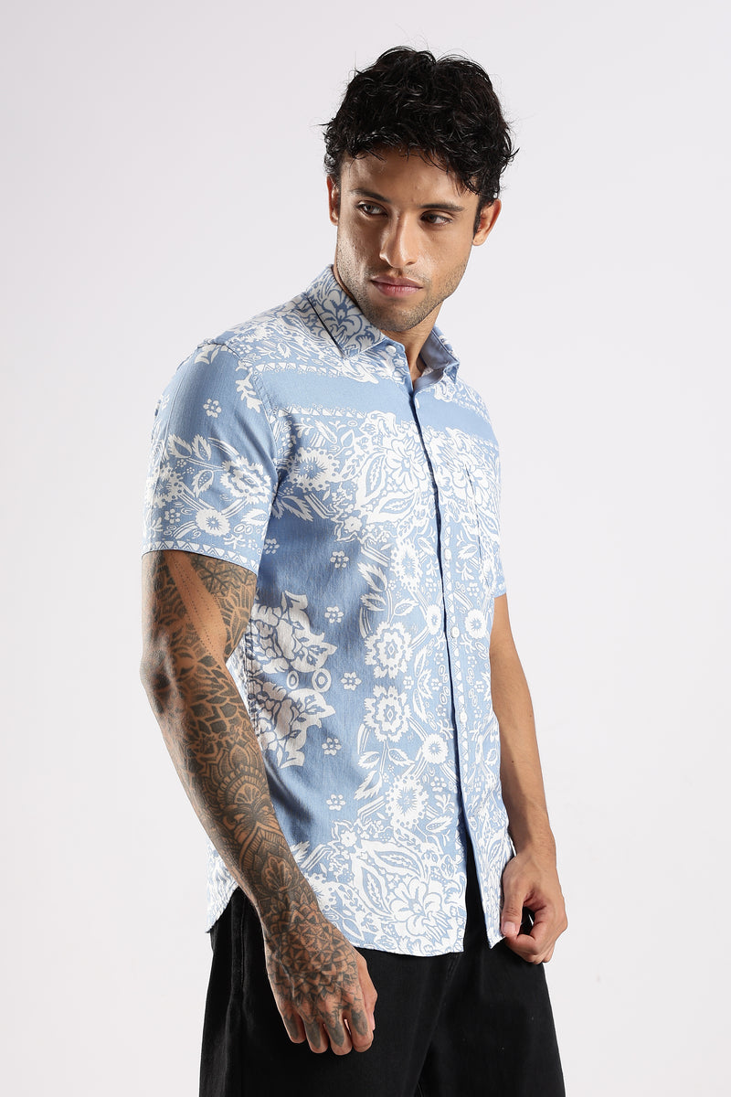 Blue Floral Printed Slim Fit Cotton Half Sleeve Casual Shirt