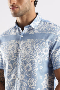 Blue Floral Printed Slim Fit Cotton Half Sleeve Casual Shirt