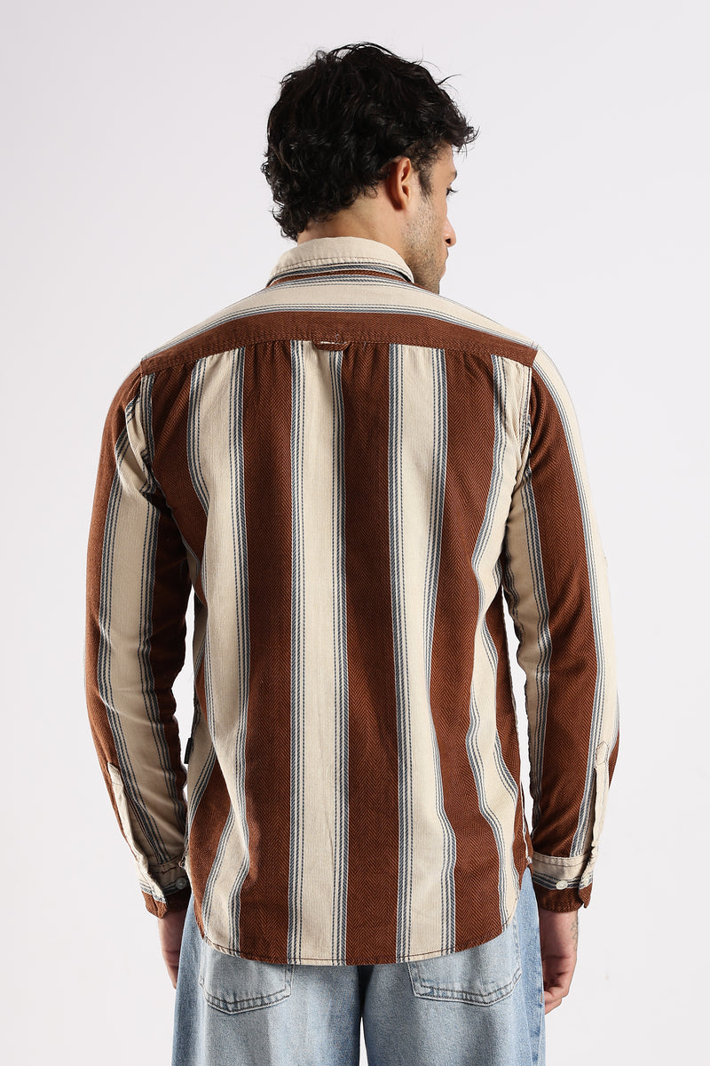 Brown Roman Stripes Slim Fit Full Sleeve Casual Shirt