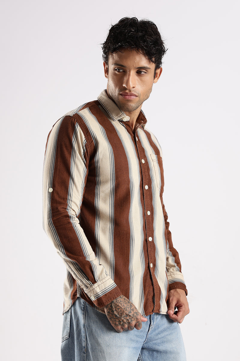 Brown Roman Stripes Slim Fit Full Sleeve Casual Shirt