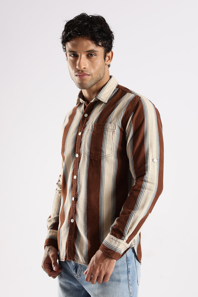 Brown Roman Stripes Slim Fit Full Sleeve Casual Shirt