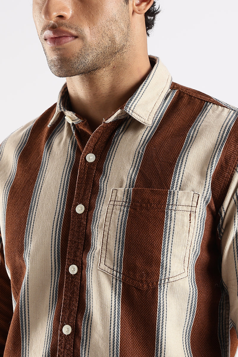 Brown Roman Stripes Slim Fit Full Sleeve Casual Shirt