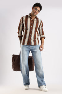 Brown Roman Stripes Slim Fit Full Sleeve Casual Shirt