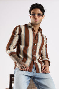 Brown Roman Stripes Slim Fit Full Sleeve Casual Shirt