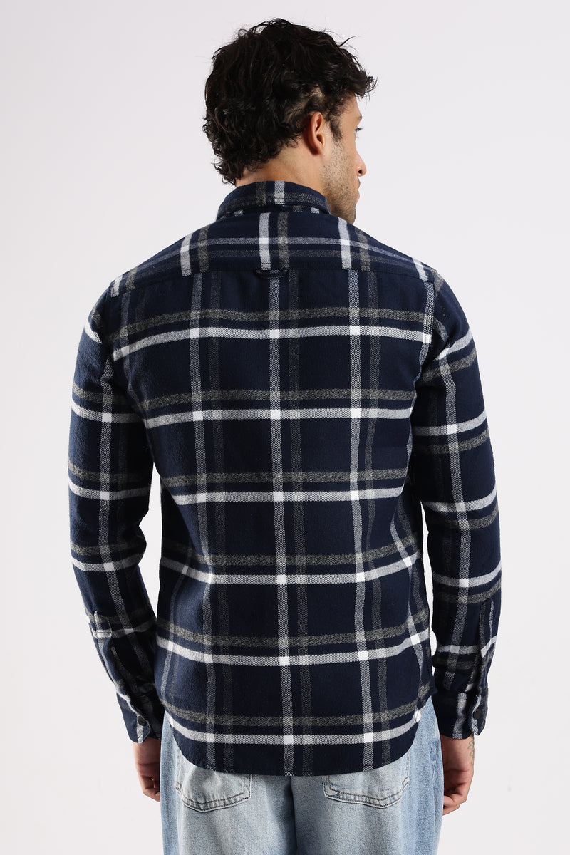 Men Navy Cotton Slim Fit Full Sleeve Checkered Shirt