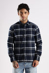 Men Navy Cotton Slim Fit Full Sleeve Checkered Shirt