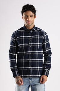 Men Navy Cotton Slim Fit Full Sleeve Checkered Shirt