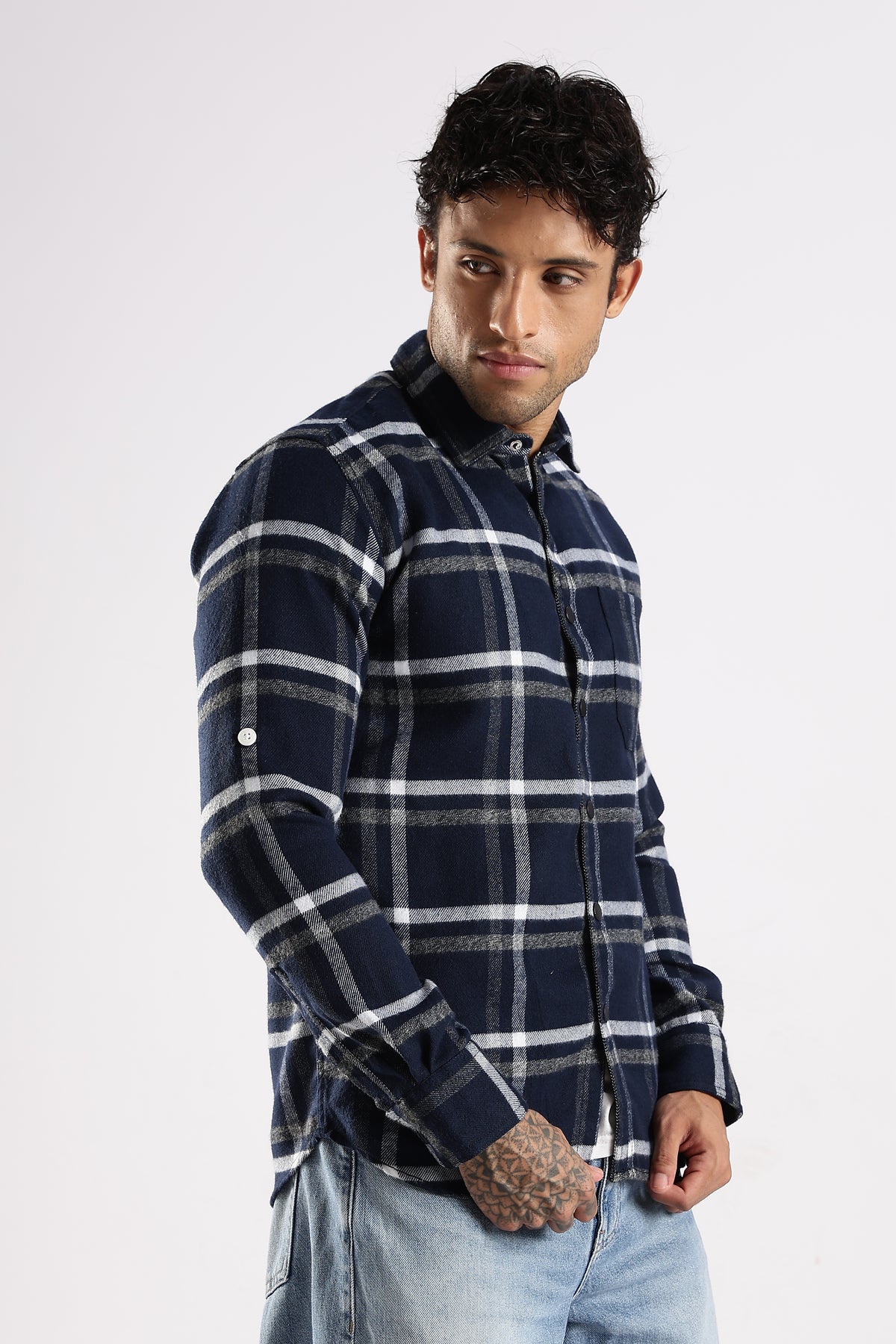 Men Navy Cotton Slim Fit Full Sleeve Checkered Shirt