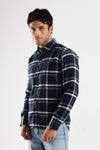 Men Navy Cotton Slim Fit Full Sleeve Checkered Shirt